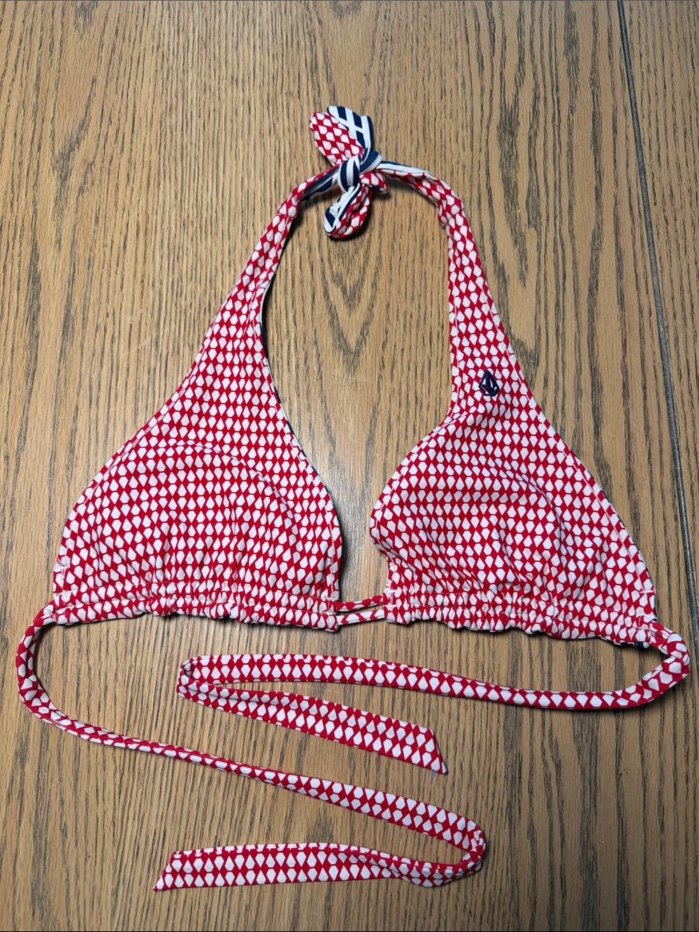 Volcom striped blue and red bikini top features a triangle halter design